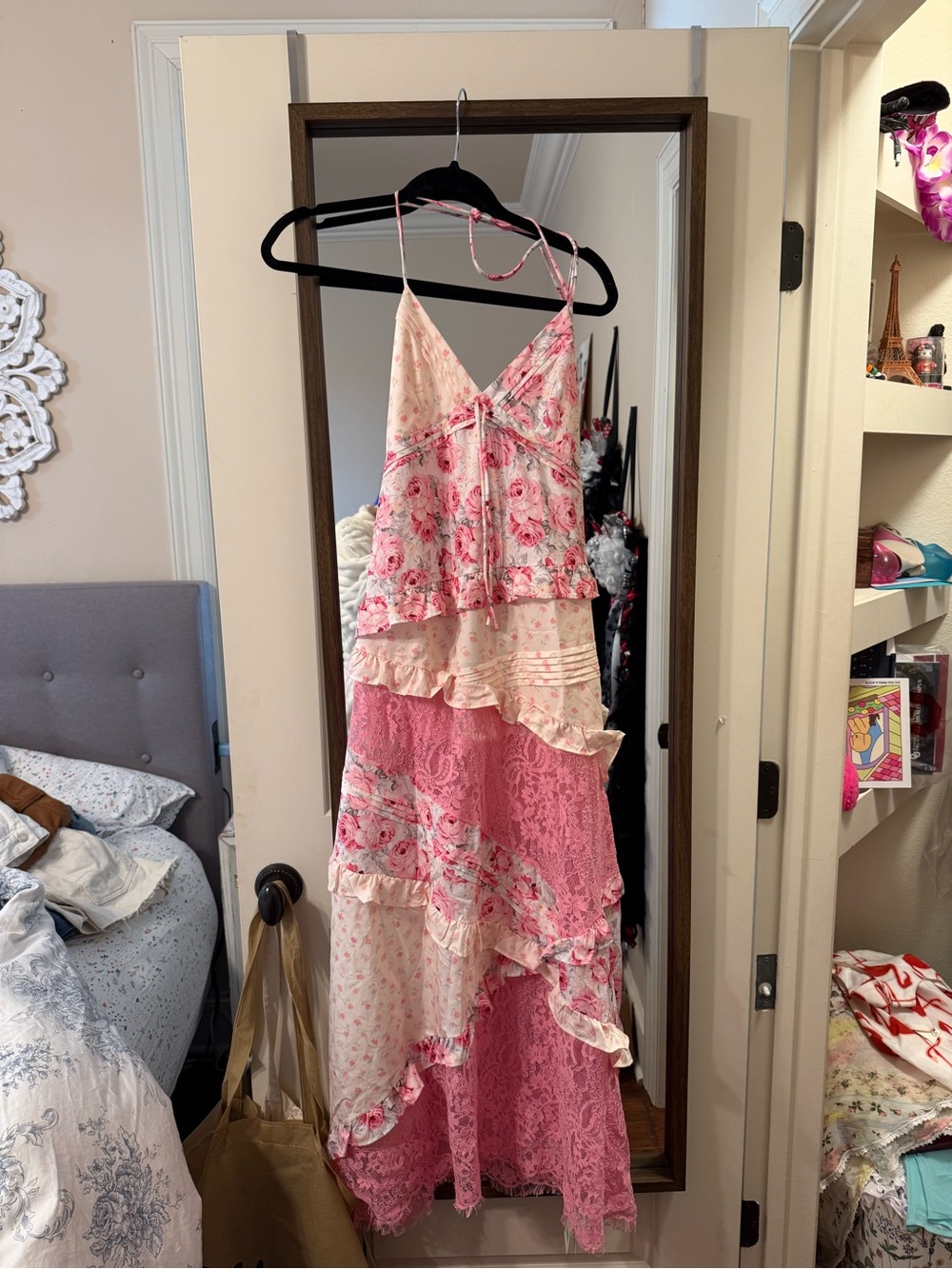 Pink Floral Layered Lace Maxi Dress